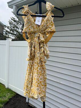Rose & Remington Mustard Floral Ruffle Sleeveless Dress NWT Size S